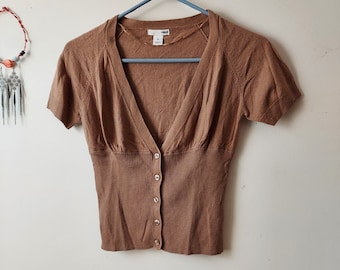 90s Mocha Crop Cardigan: Rib-Knit Button-Front Sweater, Size S