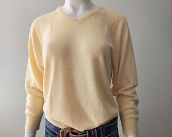 Vintage Orlon Sweater, Classic V-Neck | Color Of Fresh Corn Silk | Rib-Knit Accents, Chest 36-38 | Designer Originals, Capsule Wardrobe