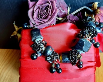 Dark Decadence Necklace | Sooty Black Lucite, Copper Wire, Shell Discs | Desmona Mori, Black Beaded Collar | 20.5 Inch