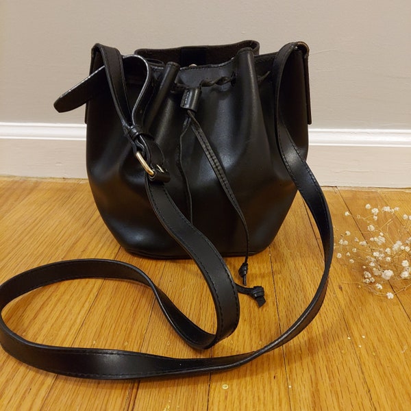 GAP 90s Drawstring Bag, Soft Black Leather | Compact Shape, Size | Brass Buckle, 50 Inch Handle Adjusts | Minimal, Roomy