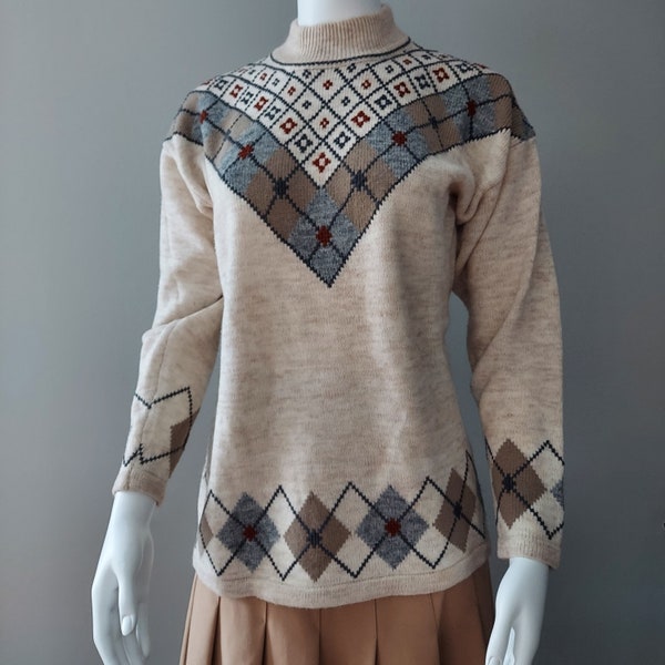 Vintage Argyle Sweater, Neutral Designs | Size M/L 38 Inch Chest | Marled Oatmeal, Berry, Slate, Tan | 1970s Soft Acrylic Knit