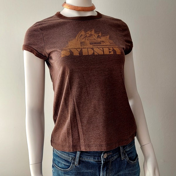 90s SYDNEY Ringer Tee | Australia Tribute Shirt S/M | Mocha Heather Cotton, Gold, Expresso Accents | Muscle Sleeve, Summer Beach'n Surf