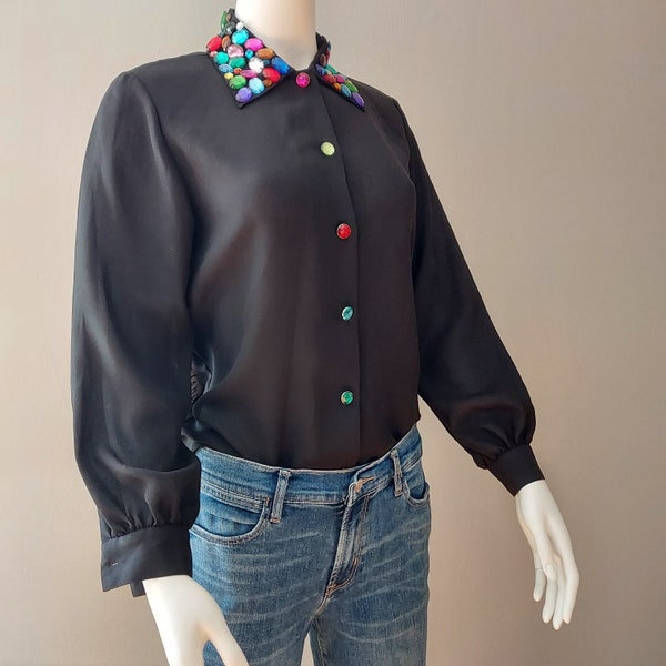 Black Chiffon Shirt, Colorful Jewel Stud Collar, Buttons | 36 Inch Chest | 1970s ALEXANDRIA Rainbow Disco Shirt | Wide Poet Sleeves