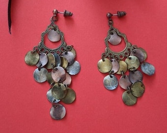 Dragon Scale Earrings 2.5 Inch | Kinetic, Flashy Metallic | 90s Mixed Copper, Brass | Light Weight Pierced w/ Clutch Backs