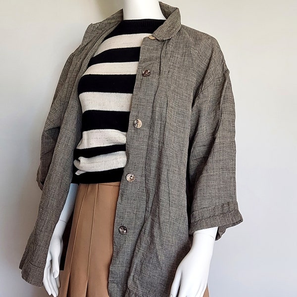 Linen Duster Smock Size M/L | Monochrome 1990s Monika Turtle Studio | 5 Shell Buttons, Kimono Sleeve | Nice Relaxed Work Shirt