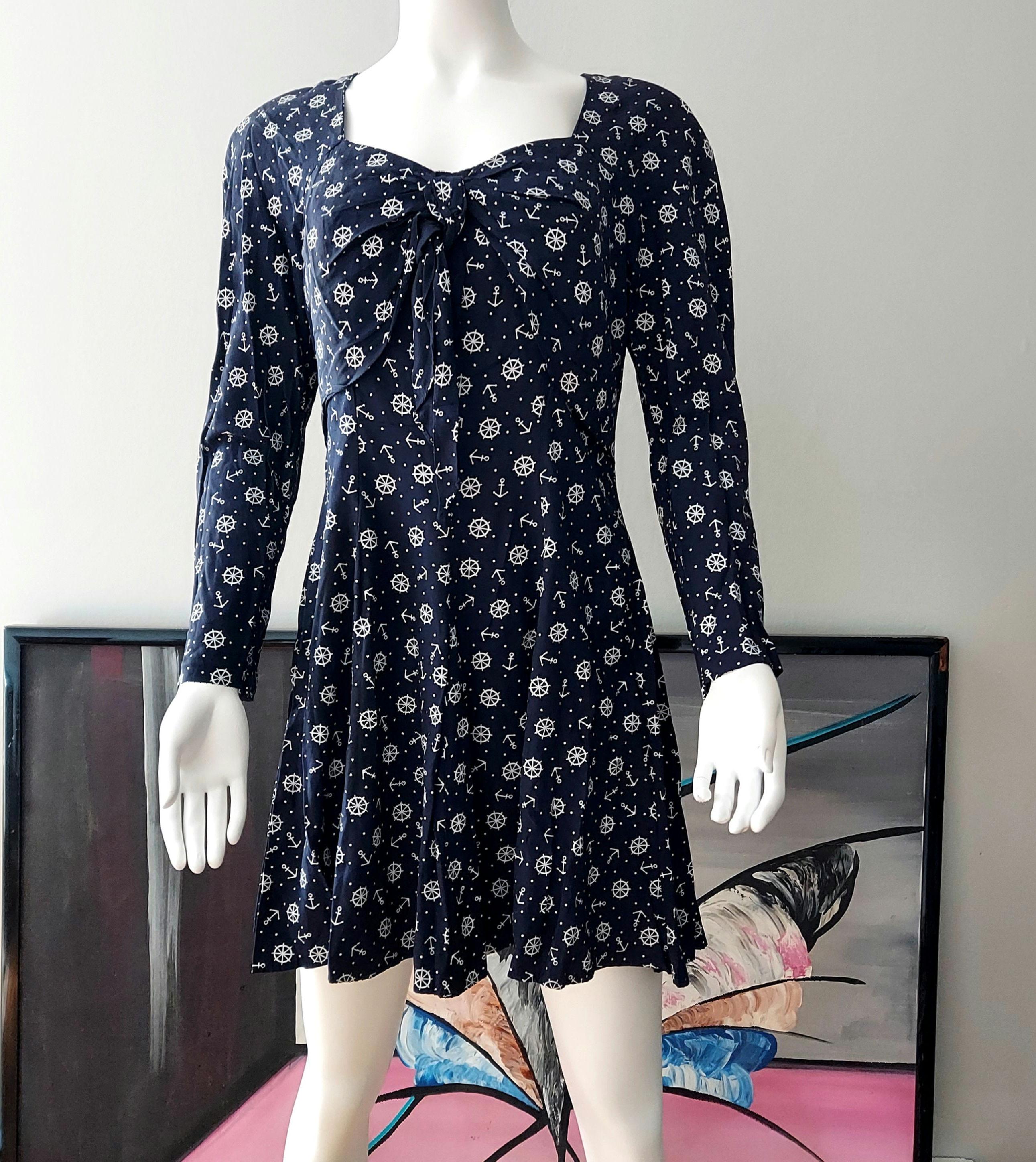 80s Nautical Sailor Dress: Vintage Ship Wheel Print, Rockabilly