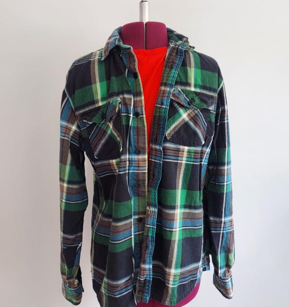 Vintage Flannel Shirt: Green Brown Navy, Chamois Cotton, Woodsy Warm (Size M/L)