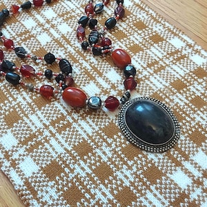 Vintage 1970s Buffalo Horn Necklace: Vermilion Glass & Silver, 27 Inch