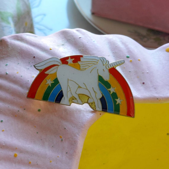 70s Unicorn Pin, Stars & A Rainbow | Gilded Enamel