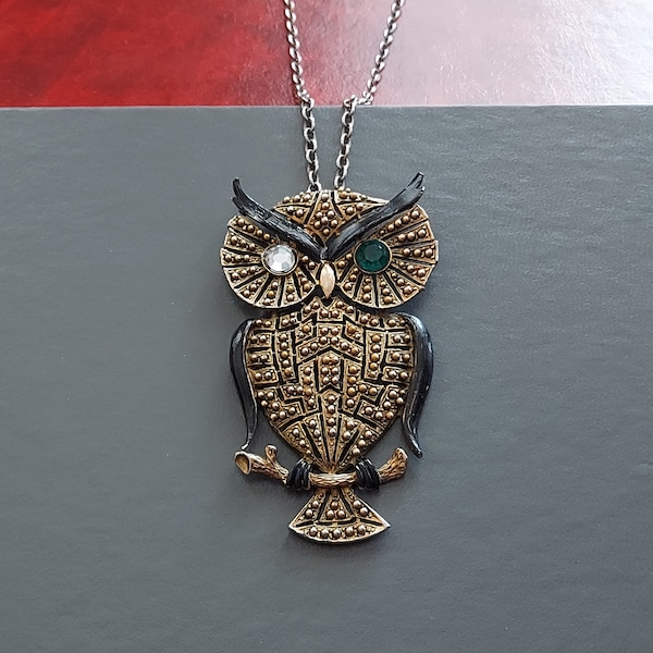 Ormolu Owl Medallion, Gold-Studded | MCM 1960s Gilded, 1 Emerald Green Eye | Filigree Texture, 24 Inch Rope Chain Gift Boxed