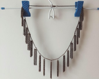 Tassel Chain Necklace, Y2K Industrial/Tribal Fringe Bib, Darkened Metal Patina, 24"