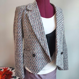 Christian Dior Hacking Jacket | 1980s Tailored Tweed | Gray, Blue, Magenta Rose | 2-Button Closure, Notched Lapel | Size 6 Chest 34-36 Inch