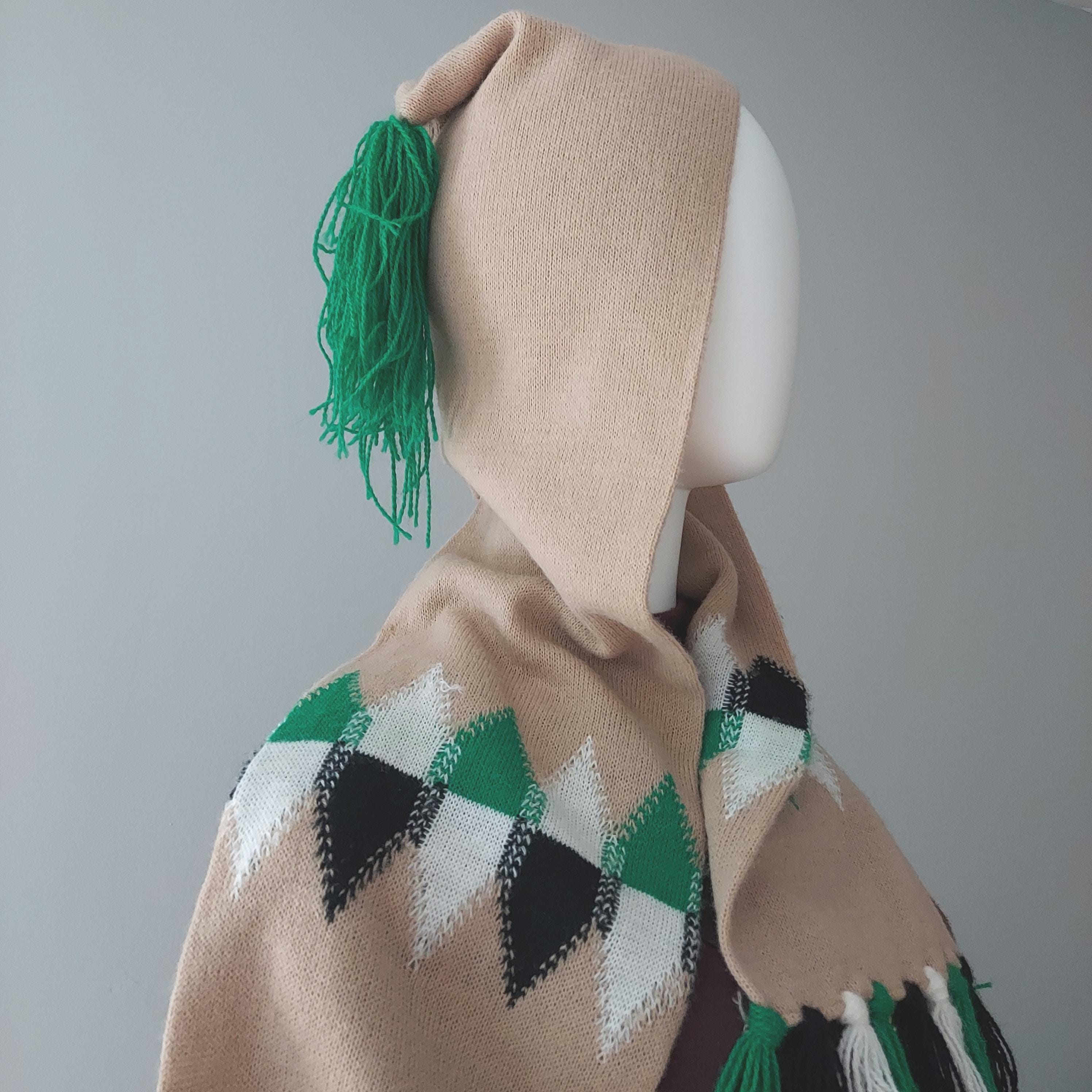 Vintage Argyle Hood Scarf: 60s Cashmere Pixie Hat, Green Tassel - Etsy