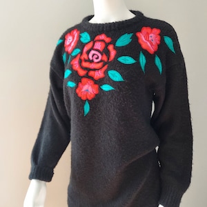 Vintage Rafael Mohair Sweater: Rose Applique, Festive 1980s Knit (Chest 40&quot;)