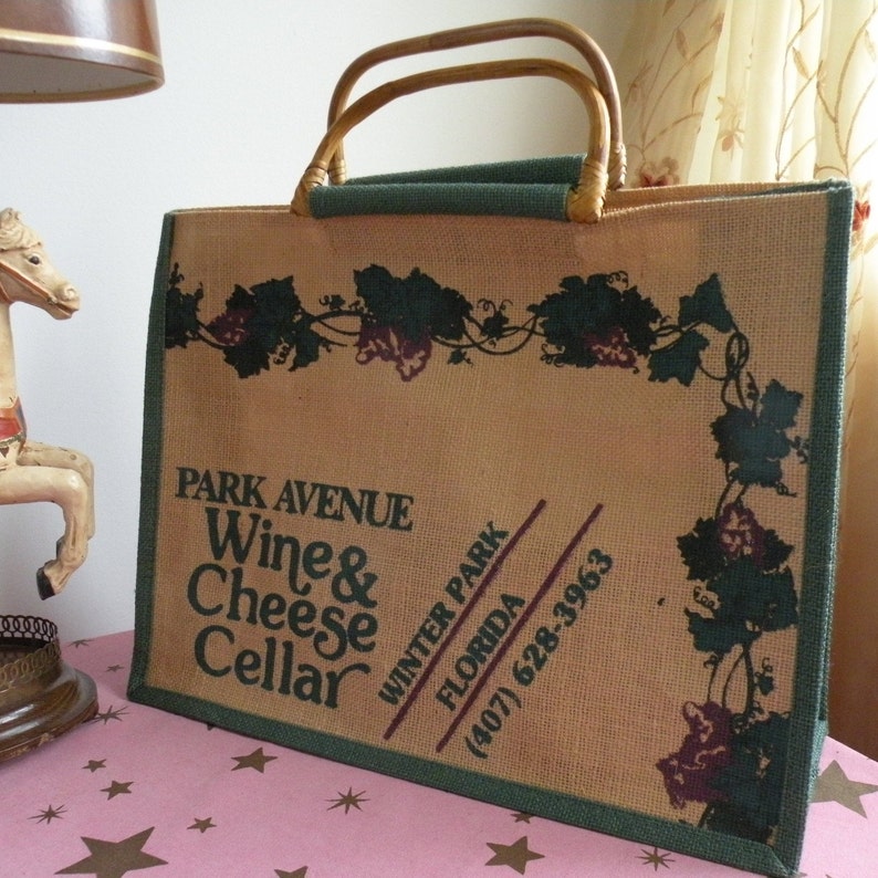 Eco-Market Bag Cheese Cellar Retro Florida Wine Connoisseur Gift WINE /& RATTAN Burlap Tote VINTAGE 1970/'s Park Avenue Wine 16