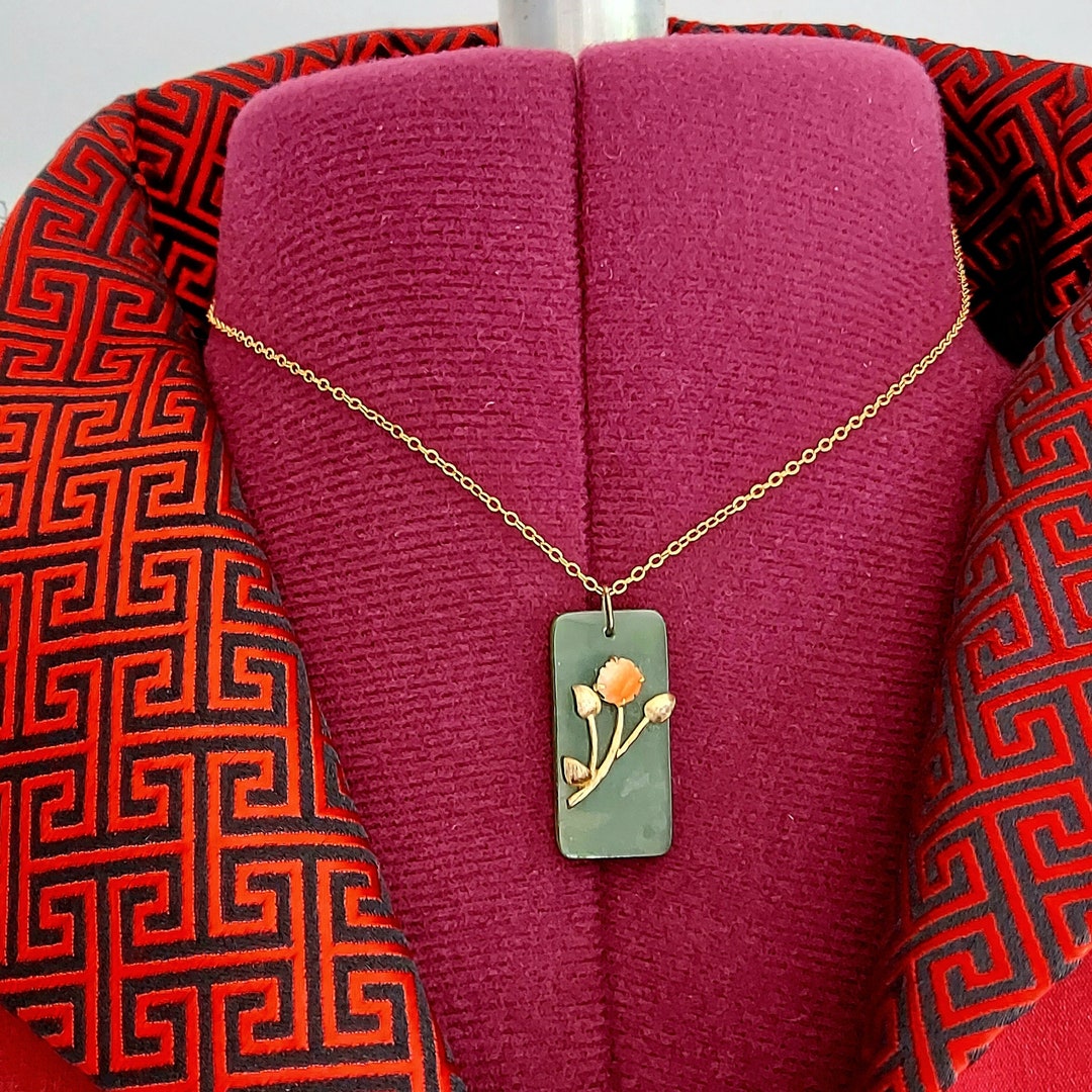 Oblong Jade Pendant Retro 1970s Botanical Solid Jade Slab, Carved Coral Rose 11/8 Inch 16 Inch