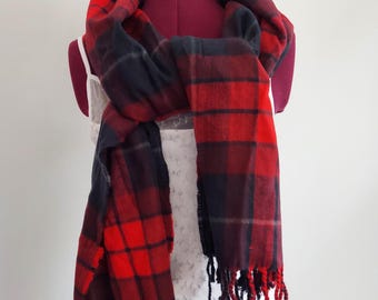 Red Plaid Blanket Scarf: Fluffy Acrylic Autumn Winter Shawl
