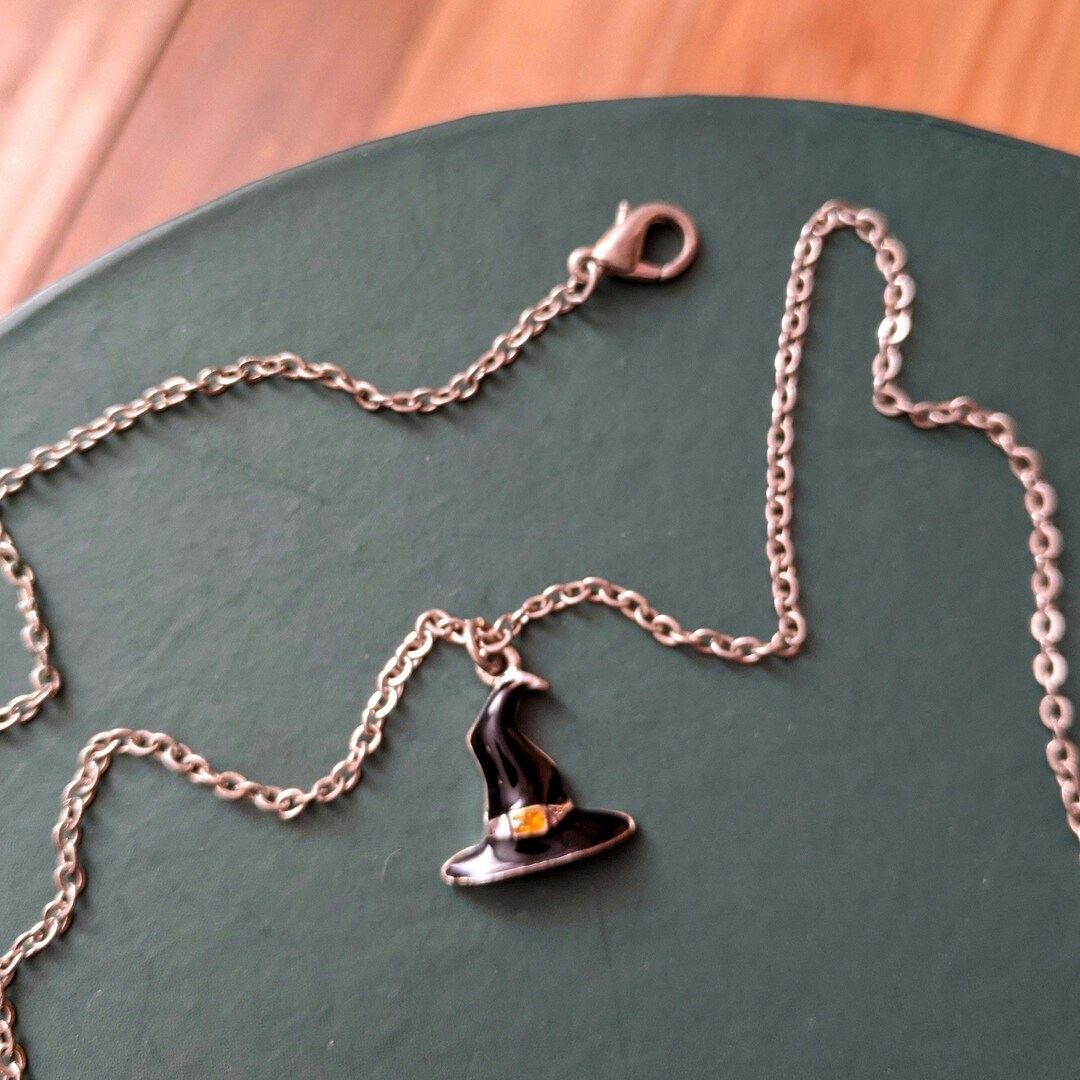 Black Enamel Witch Hat Pendant: Petite Silver Chain Necklace - Etsy