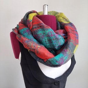 Colorful Infinity Scarf, Soft Woven, Abstract | Turquoise, Chile Pepper, Magenta, Saffron | 72 Inch, 31 Inch Width | Perfect Every Season