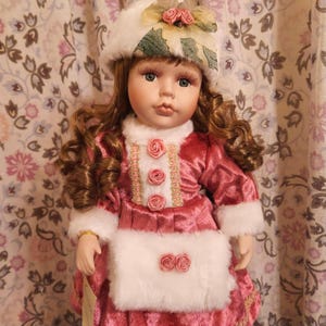 Ginger Hair Decor Doll, Victorian Velvet Skater | White Fluff Muff, Rose Pink Ensemble | Auburn Ringlets | Soft Body Porcelain Doll 15 Inch