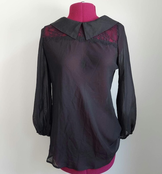 Decadent Black Blouse: Peter Pan Collar, Opaque Chiffon, Spidery Lace | Gothma Tunic