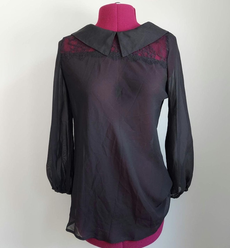 Decadent Black Blouse: Peter Pan Collar, Opaque Chiffon, Spidery Lace | Gothma Tunic image 1