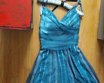 Ethereal Tulle Gown: Roberta Freymann Frost Blue Velvet Stripe Dress (Size Small)