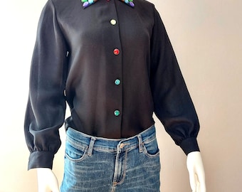 Rainbow Disco, Black Chiffon Shirt: Vintage 1970s, Bejeweled Collar, Poet Sleeve | M/L