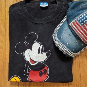ヴィンテージ 70年代 ミッキーマウス Tシャツ、ブラック コットン、胸囲 40インチ 画像 1