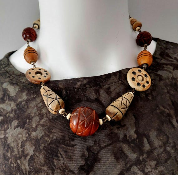 Necklace Carved Wooden Beads Vintage Carved Wood Bead Necklace