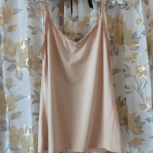 Vanity Fair Camisole, Cafe Au Lait, Size S/M | Lace Straps, Bodice | Light, Soft, Stretchy | A Classic In Tan Nylon Knit | 22 Inch Length