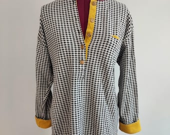 Adrienne Vittadini Tunic: Houndstooth Henley, Mustard Black White | Soft Double-Knit Cotton, M/L