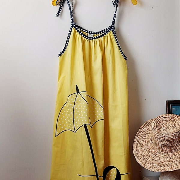 Vintage Patio Dress, Sears A-Line | Polka Dot Bows | Yellow, Navy, White | 1970s Poly-Cotton, Sunny Coffee Klatch | Size Fits S/M