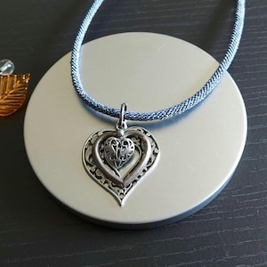 Vintage Pewter Heart Necklace: Filigree Pendant, Blue Cord