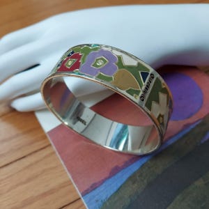 Flowery Cloisonne' Bangle | Signed FOSSIL | Lavender Navy Olive Plum | Jewel Enamel, Beveled Stainless | Solid Construction 3/4" Width