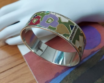 Flowery Cloisonne&#39; Bangle | Signed FOSSIL | Lavender Navy Olive Plum | Jewel Enamel, Beveled Stainless | Solid Construction 3/4&quot; Width