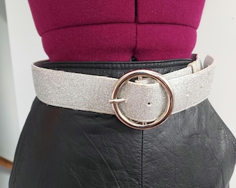 Vintage 70s Silver Glitter Belt: Disco Style, Large Buckle, 36 Inch
