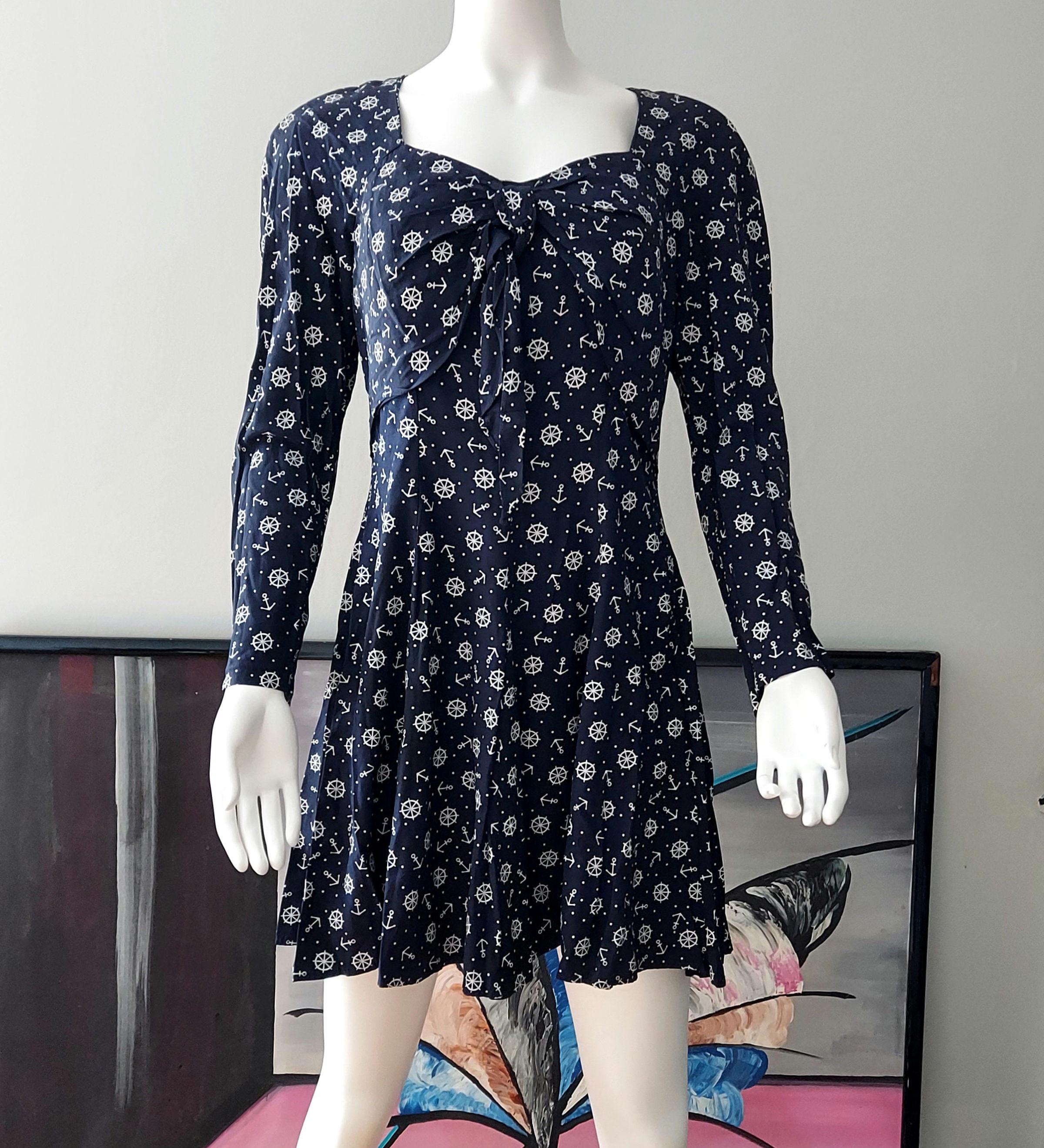 80s Nautical Sailor Dress: Vintage Ship Wheel Print, Rockabilly