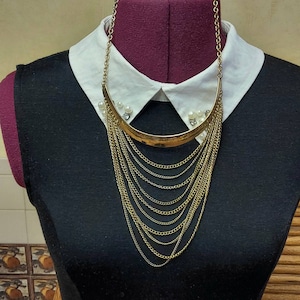 Suspended Chain Collar | 10 Gold Chain Loops, Brass Arc | 80s Goth Statement Necklace | 19 Inch Adjusts