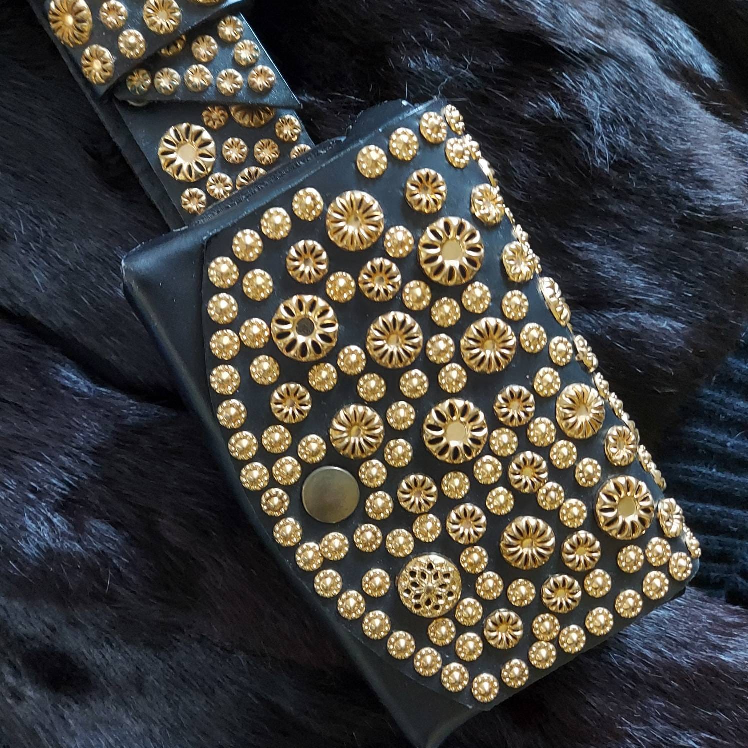 Michael Morrison Small Black Leather Gold & Silver Buckle Studded Statement Belt Vintage Michael Morrison Gold Studded Leather Belt With  main image 3
