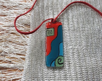 Art Deco Fused Glass Pendant: Geometric Red Teal Blue Necklace