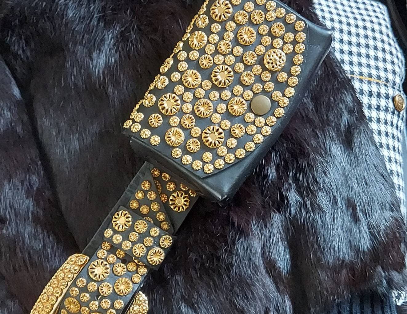 Michael Morrison Black Leather Studded Belt Gold‎ Buckle sz 32-37 Vintage Michael Morrison Gold Studded Leather Belt With  main image 3