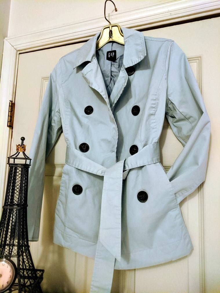 Baby Blue Trench Coat Size S 34-36 Chest Tailored, Belt, Lined GAP