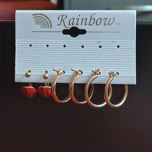 Vintage Gold Huggie Earrings Set: 1980s Rainbow Card
