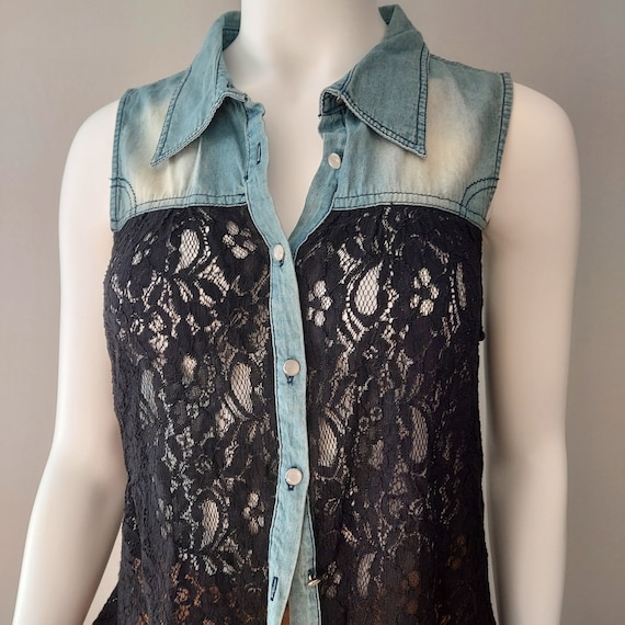 Denim Lace Shirt, Country Romantic | Boho Black Lace, Pearl Denim Lace Shirt, Country Romantic | Boho Black Lace, Pearl