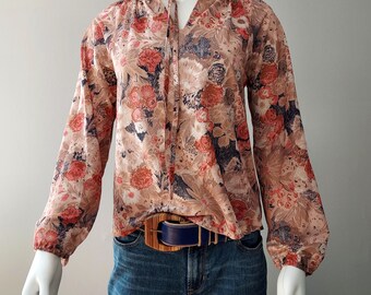 1970s Boho Floral Chiffon Peasant Top: Poet Sleeve Tie Neckline