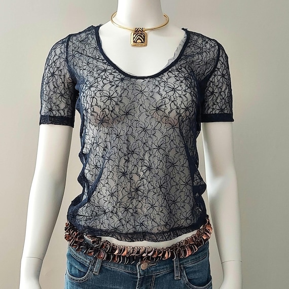 Sheer Lace Top - Dark Navy - Rodarte for Target - Tulle Neckline Accent - Size M