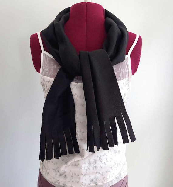 Black Fleece Scarf: Lightweight Polyester, Flat Fringe - 58 Inch