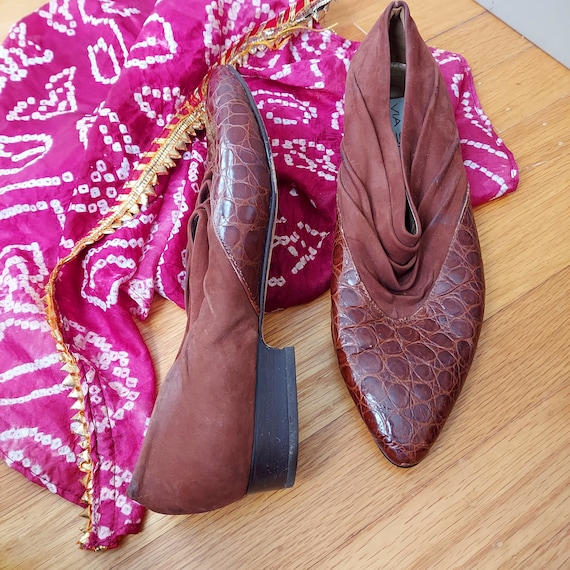 Embossed Leather Mules, Ruched Suede Cuffs, Chelsea Style | Size 8.5 Women's
