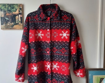 Vintage Snowflake Fleece Shirt Jacket: Red Nordic Button-Up (L/XL)
